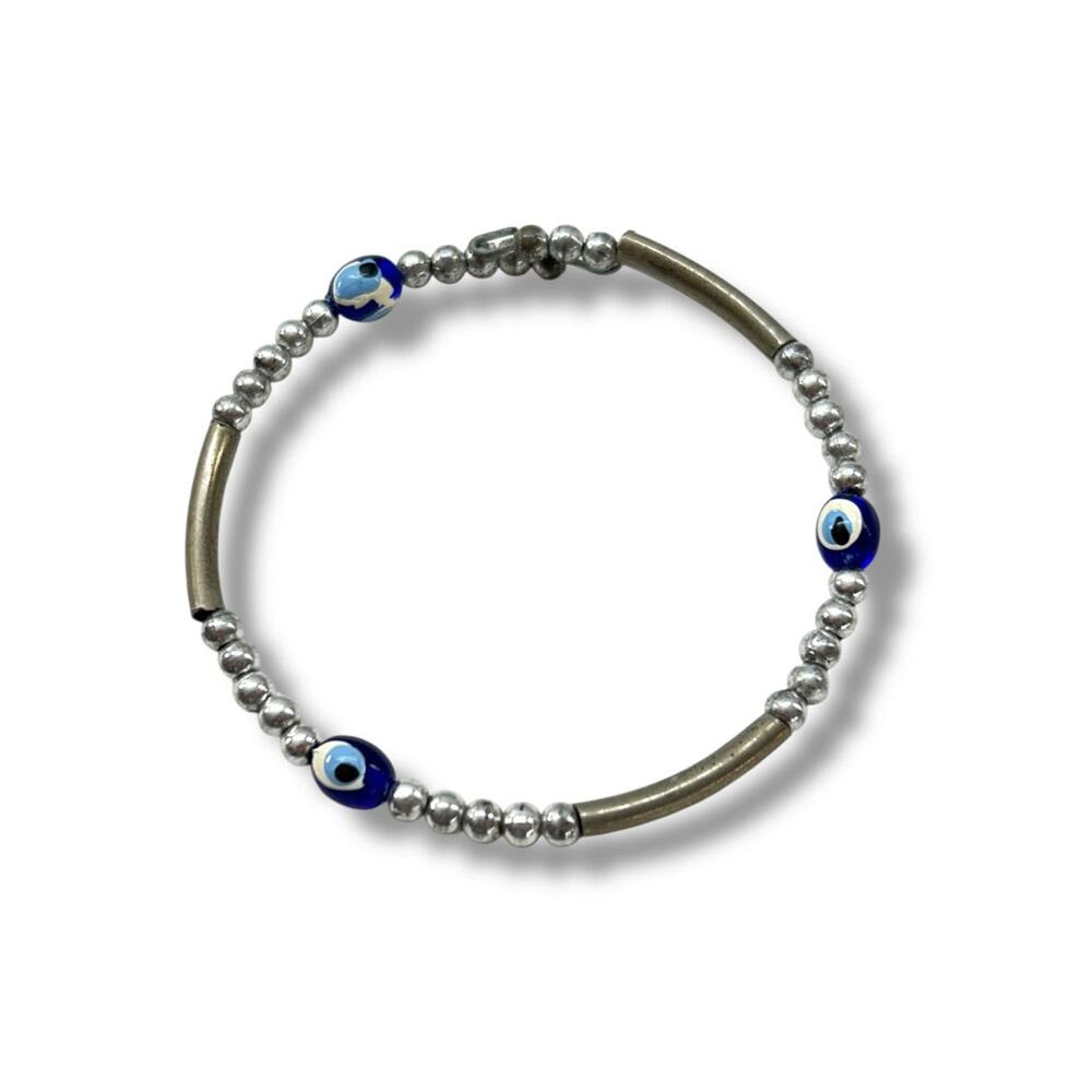Silvertone Adjustable Bangle Bracelet Beaded Open Wire Blue‎ Beads